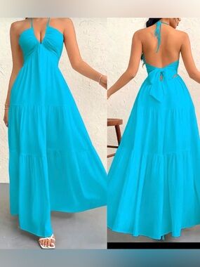 Turquoise Halter Tie-Back Maxi Dress